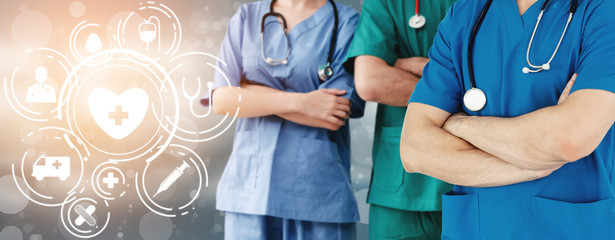 Medical Healthcare Concept - Doctor in hospital with digital medical icons graphic banner showing...