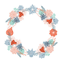 Vector floral wreath. Elegant flowers with isolated blue, pink and red bloom, hand drawn. - 259690547
