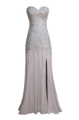 Luxury evening gray dress with crystals, sequins and payets isolated on white background