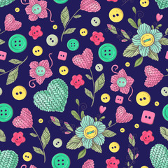 Seamless pattern handmade knitted flowers and elements and accessories for crocheting and knitting
