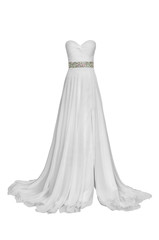 Luxury evening white dress with crystals, sequins and payets isolated on white background