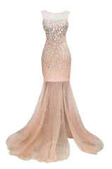 Luxury evening pink dress of chiffon transparent fabric with crystals, sequins and payets isolated...