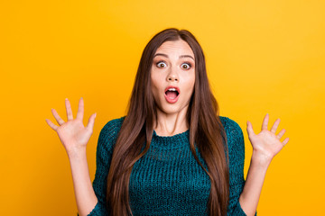 Close up photo beautiful amazing her she lady arms hands palms raised up big eyes full fear sorry...