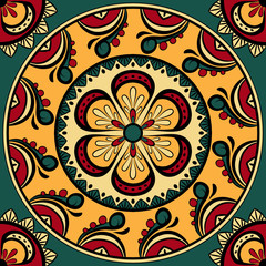 Seamless pattern with circular ornaments in yellow, orange, red and green tones
