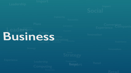 Light blue background with different words, which deal with business. Close up. Copy space. 3D.