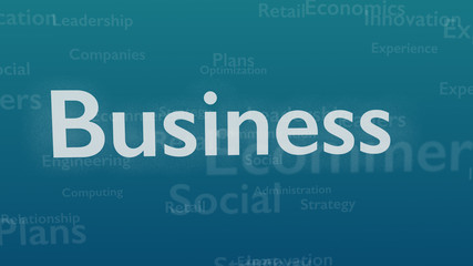Light blue background with different words, which deal with business. Close up. Copy space. 3D.