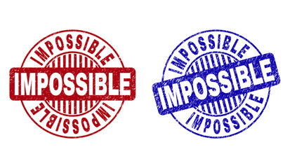 Grunge IMPOSSIBLE round stamp seals isolated on a white background. Round seals with grunge texture in red and blue colors. Vector rubber imitation of IMPOSSIBLE text inside circle form with stripes.