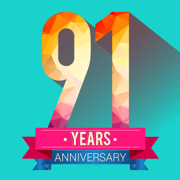91 Years Anniversary logo. with colorful polygonal design elements.