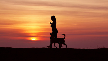 Obraz na płótnie Canvas Silhouettes at sunset, girl and dog running against the backdrop of an incredible sunset, Belgian Shepherd Malinois