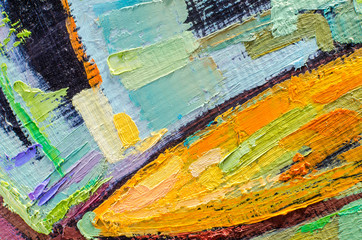 Abstract oil painting on canvas. Oil paint texture. Brush and palette knife strokes. Multi colored wallpaper. Close up acrylic background. Horizontal artwork fragment. Contemporary art.