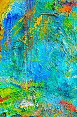 Abstract colorful oil painting on canvas. Oil paint texture with brush and palette knife strokes. Multi colored wallpaper. Macro close up acrylic background. Modern art concept. Vertical fragment.