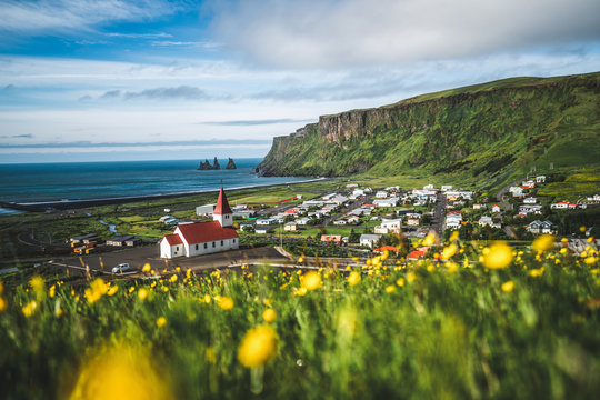 Beautiful town of Vik i Myrdal in Iceland in summer. The village of Vik  is the southernmost village in Iceland on the ring road around 180 km southeast of Reykjav&iacute;k.