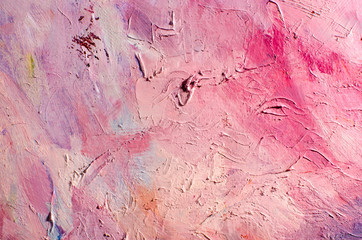 Abstract colorful oil painting on canvas. Oil paint texture with brush and palette knife strokes. Multi colored wallpaper. Macro close up acrylic background. Modern art concept. Horizontal fragment.