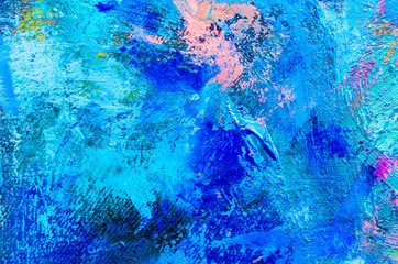 Abstract colorful oil painting on canvas. Oil paint texture with brush and palette knife strokes. Multi colored wallpaper. Macro close up acrylic background. Modern art concept. Horizontal fragment.