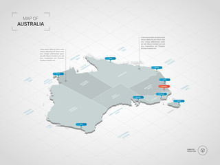 Isometric 3D Australia map. Stylized vector map illustration with cities, borders, capital, administrative divisions and pointer marks  gradient background with grid.  © Анна Тощева