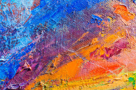 Naklejki Abstract colorful oil painting on canvas. Oil paint texture with brush and palette knife strokes. Multi colored wallpaper. Macro close up acrylic background. Modern art concept. Horizontal fragment.