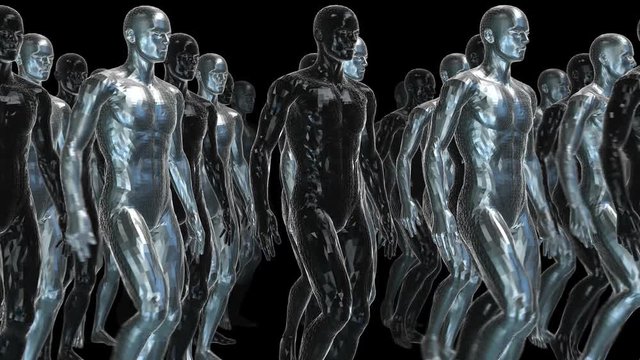 Geometric laser human figures walking. Seamless metal retro futuristic animation