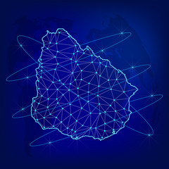 Global logistics network concept. Communications network map Uruguay on the world background. Map of Uruguay with nodes in polygonal style. Vector illustration EPS10. 