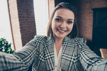 Close up photo beautiful amazing she her business lady make take selfies discuss communicate skype...