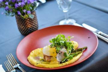 Fish dish with puree on red plate in restaurant.