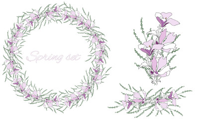 A set of floral patterns, delicate ornament and vector wreath of delicate pink flowers for decorating greeting cards, design greetings