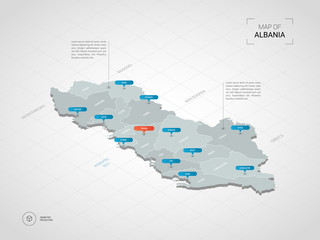 Isometric  3D Albania map. Stylized vector map illustration with cities, borders, capital, administrative divisions and pointer marks; gradient background with grid. 