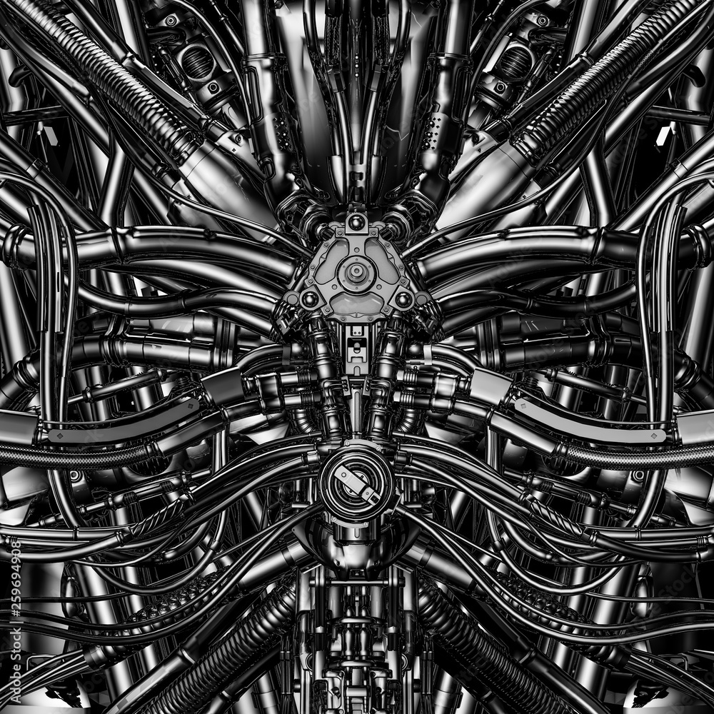 Wall mural core of the machine / 3d illustration of complex futuristic science fiction brain nucleus machinery 
