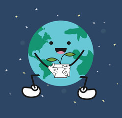 cute cartoon Earth holding plant