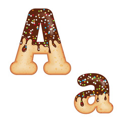 Tempting typography. Font design. 3D donut letter A glazed with chocolate cream and candy