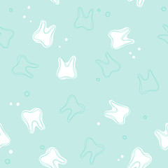 Mint vector seamless dental pattern. Cute background with white teeth and dots for dental, oral medicine design.