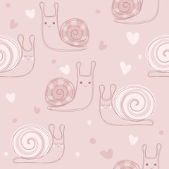 Seamless pattern with cute pink snail. Vector hand drawn illustration. Fashion kids print.