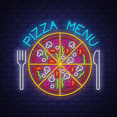 Pizza Menu - Neon Sign Vector on brick wall background