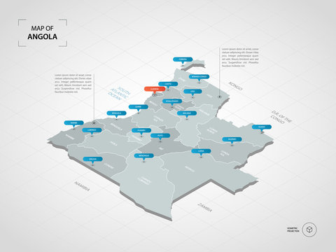 Isometric  3D Angola map. Stylized vector map illustration with cities, borders, capital, administrative divisions and pointer marks; gradient background with grid. 