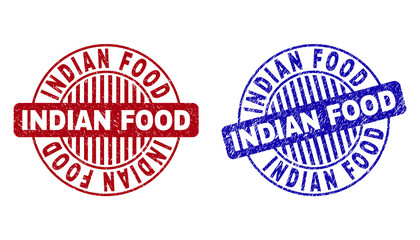 Grunge INDIAN FOOD round stamp seals isolated on a white background. Round seals with grunge texture in red and blue colors.