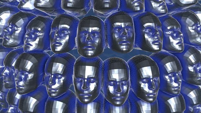 Geometric laser lowpoly heads. Seamless metal retro futuristic animation 