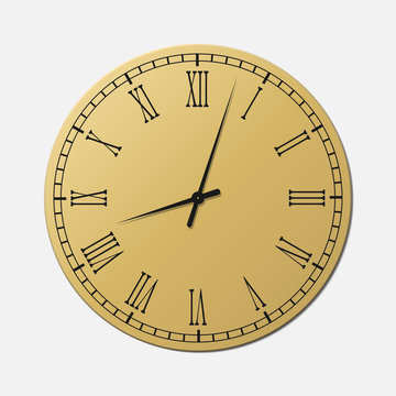 Vintage clock face showing vector illustration isolated on white background. Roman numerals.  