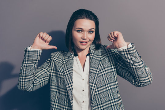Closeup photo portrait of cunning foxy looking at camera pointing at herself smiling she her lady wearing stylish plaid checkered blazer isolated grey background