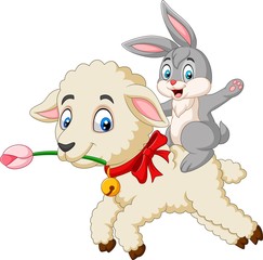Cartoon cute bunny riding a lamb