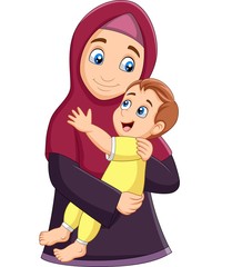 Muslim mother hugging her son