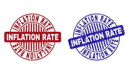 Grunge INFLATION RATE round stamp seals isolated on a white background. Round seals with grunge texture in red and blue colors.