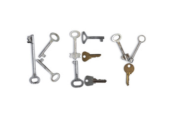 Key word made of old keys on white isolated background. Conceptual