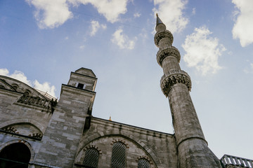 ISTANBUL, TURKEY - SEPTEMBER 2018: Interior view of Sultanahmet mosque from the street (Blue mosque)