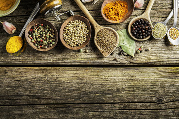 Spices in spoons on wooden background