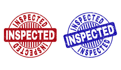 Grunge INSPECTED round stamp seals isolated on a white background. Round seals with grunge texture in red and blue colors. Vector rubber overlay of INSPECTED tag inside circle form with stripes.