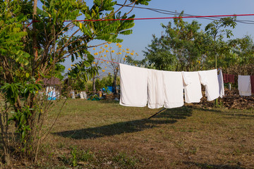 Wash clothes on a rope with clothespins, Wet clothes drying on the tree,