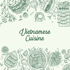 Hand drawn top view traditional Vietnamese food, Vector Illustration