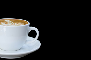 White cup of hot coffee isolated on black background