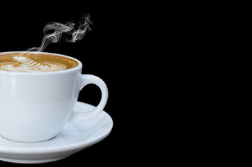 White cup of hot coffee isolated on black background