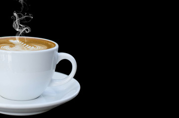 White cup of hot coffee isolated on black background