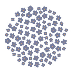 Blue floral garland circle wreath made of forget me nots. Round frame for your design, greeting cards, announcements, posters.